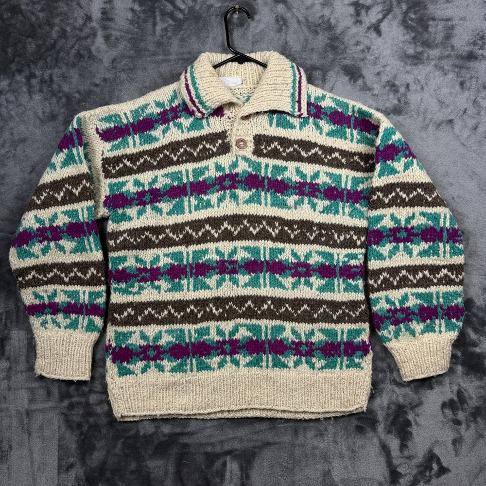 Rey Wear Wool Sweater Mens XL Cream Teal Purple Hand Made Ecuador Fair Isle